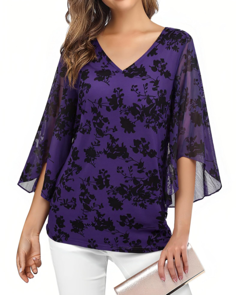Kristine Women's Summer Blouse – Floral V-Neck, 3/4 Ruffle Sleeves, Plus Size