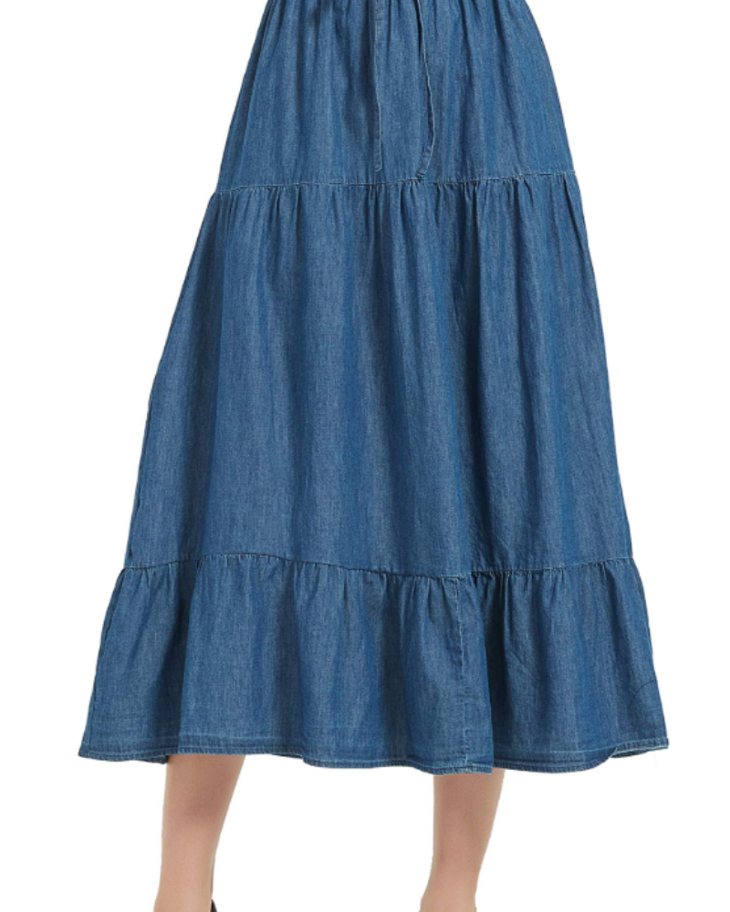 Imogen Jupe Midi Femme – 100% Coton, Taille Élastique à Cordon, Coupe Évasée & Volants