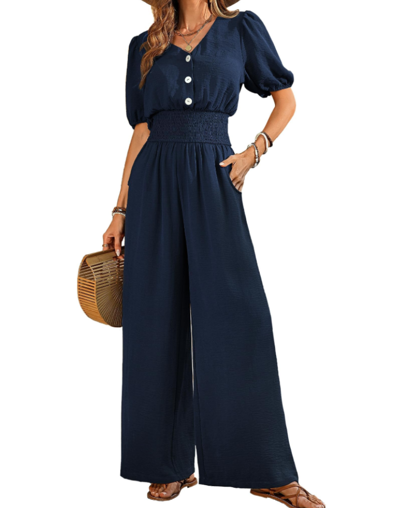 Rosamund-jumpsuit til kvinder – V-hals, korte ærmer, elastisk talje, brede ben og lommer