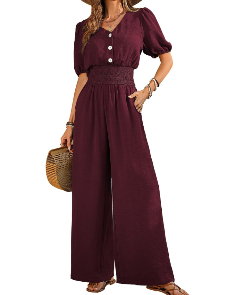 Rosamund-jumpsuit til kvinder – V-hals, korte ærmer, elastisk talje, brede ben og lommer