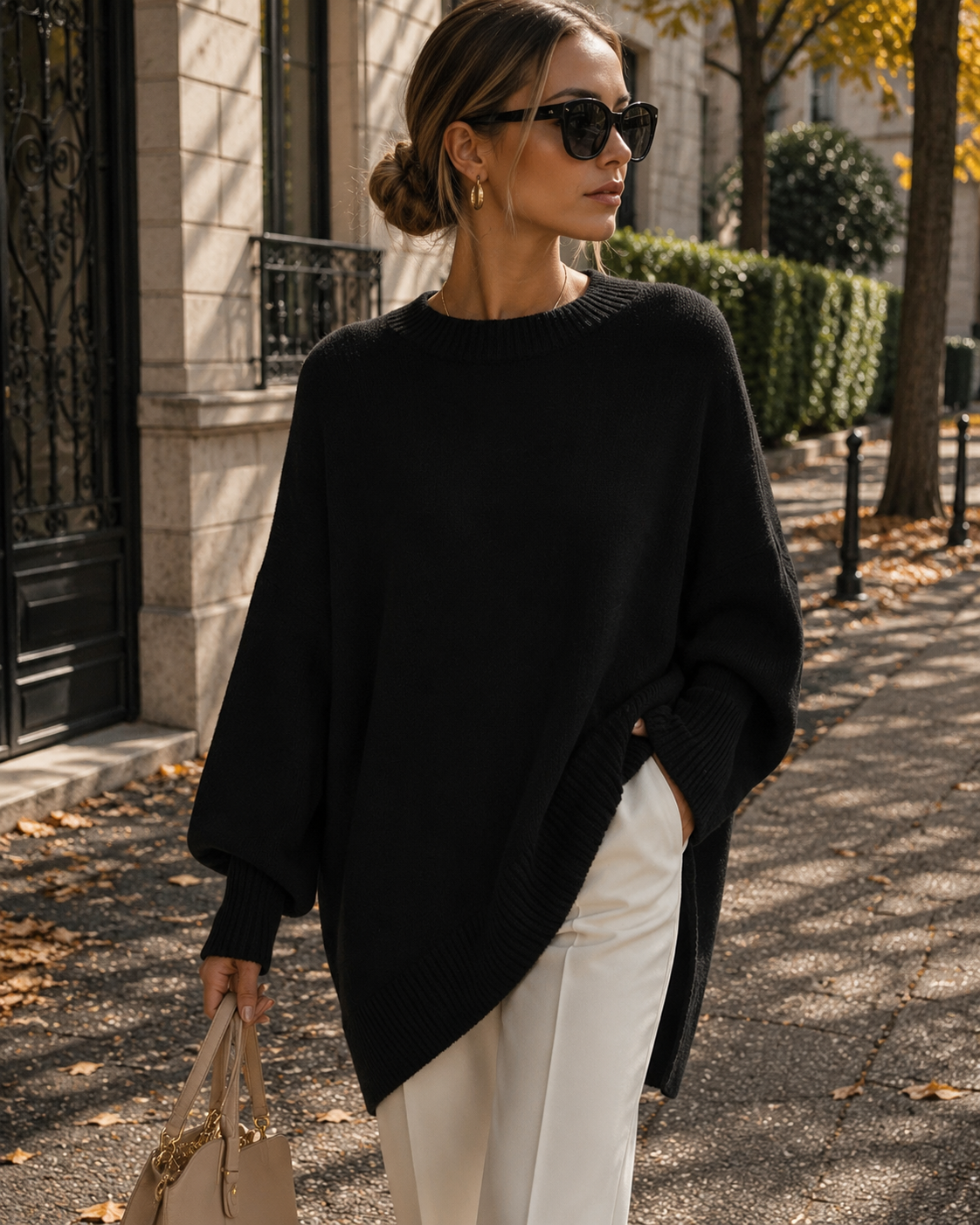 Brynn Pull oversize pro ženy – žebrovaný kulatý výstřih, široké rukávy a volný střih