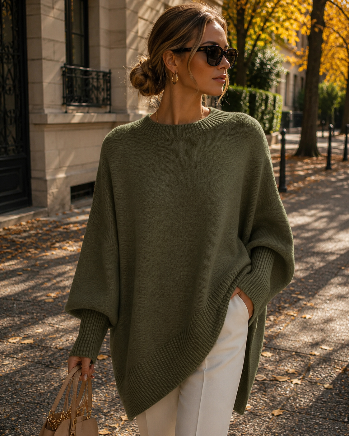 Brynn Pull oversize pro ženy – žebrovaný kulatý výstřih, široké rukávy a volný střih