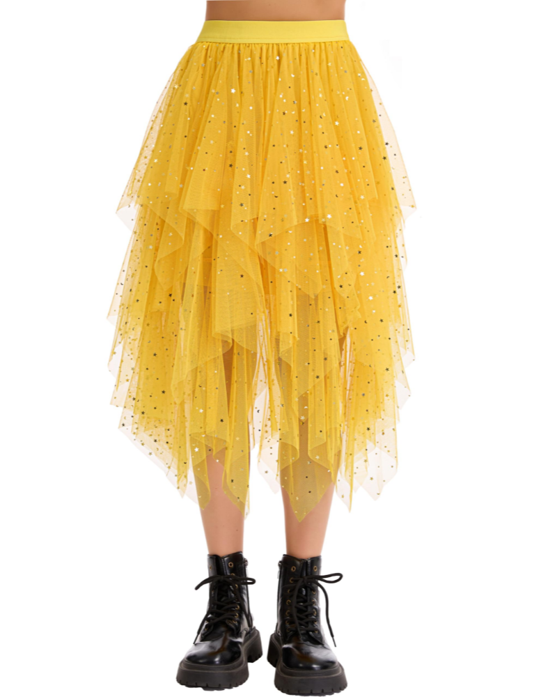 Elara Jupe Midi Femme – Tulle à Sequins, Taille Élastique, Volants & Ourlet Asymétrique