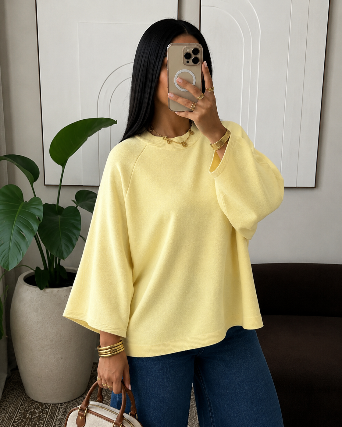 Camiseta de punto Marlowe para mujer – Corte holgado, mangas de longitud media y cuello redondo