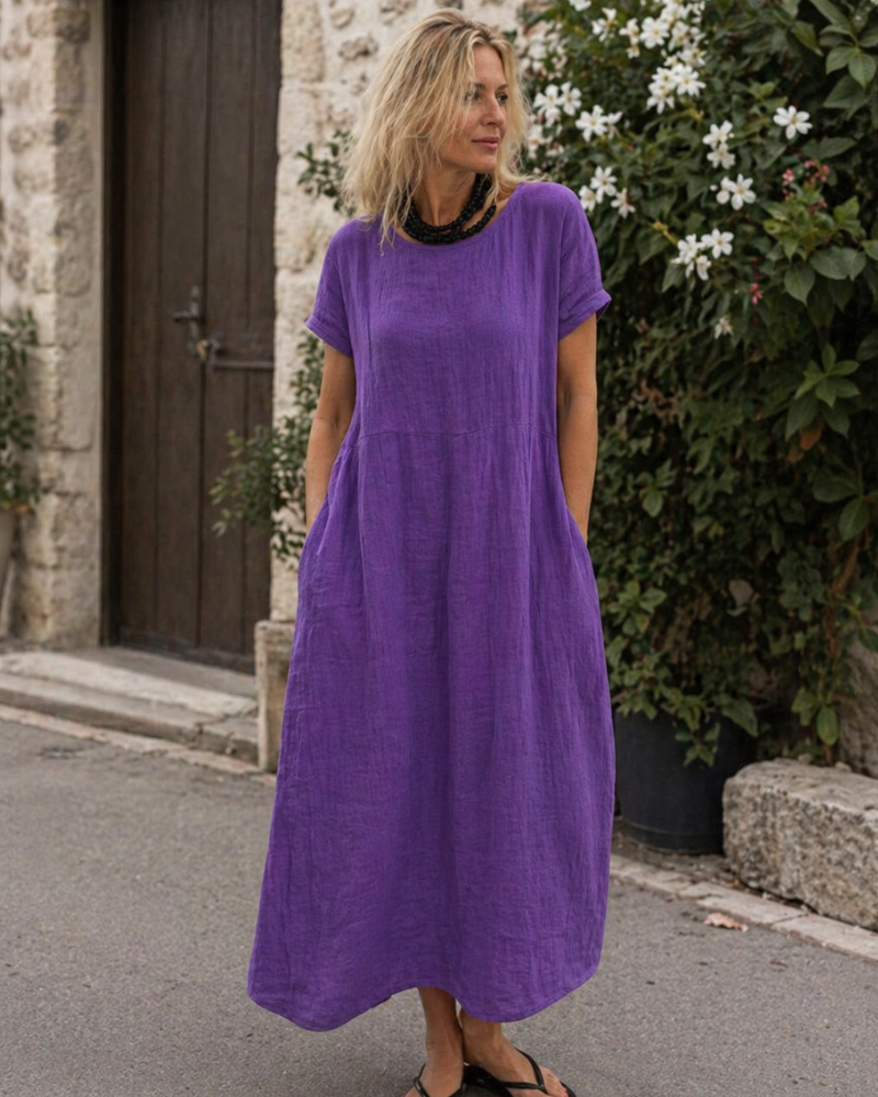 Rochie de vară Reich pentru femei – rochie lungă din bumbac și in, mâneci scurte și stil casual