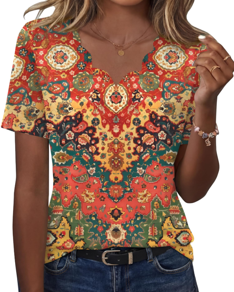 Ziva Top Femme – Blusa com Decote em V Ondulado, Corte Fluido Elegante & Estilo Casual Chic