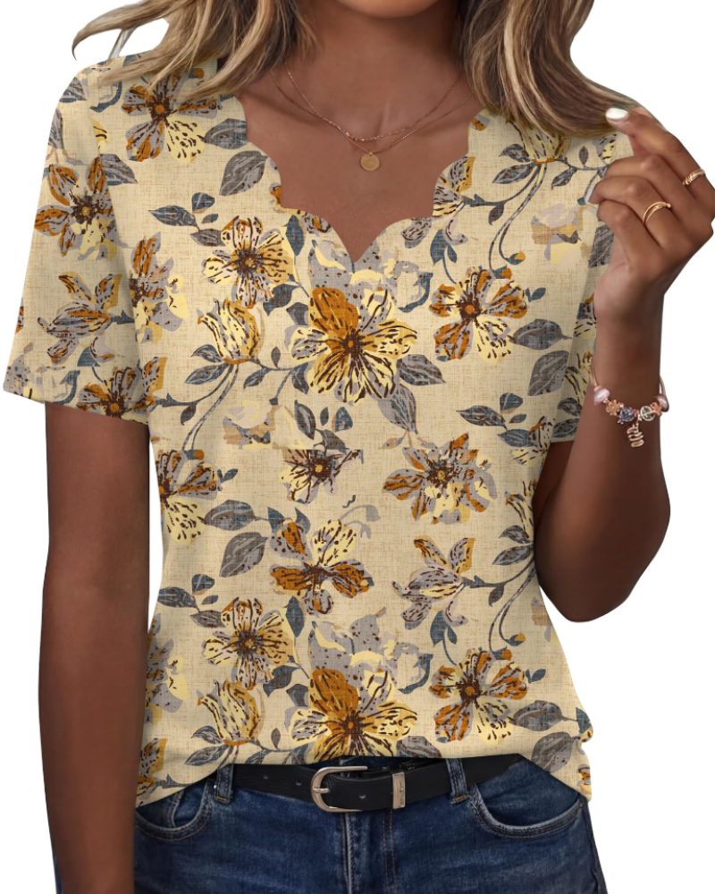Ziva Top Femme – Blusa com Decote em V Ondulado, Corte Fluido Elegante & Estilo Casual Chic