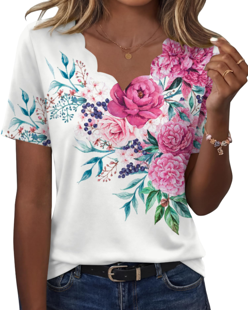 Ziva Top Femme – Blusa com Decote em V Ondulado, Corte Fluido Elegante & Estilo Casual Chic