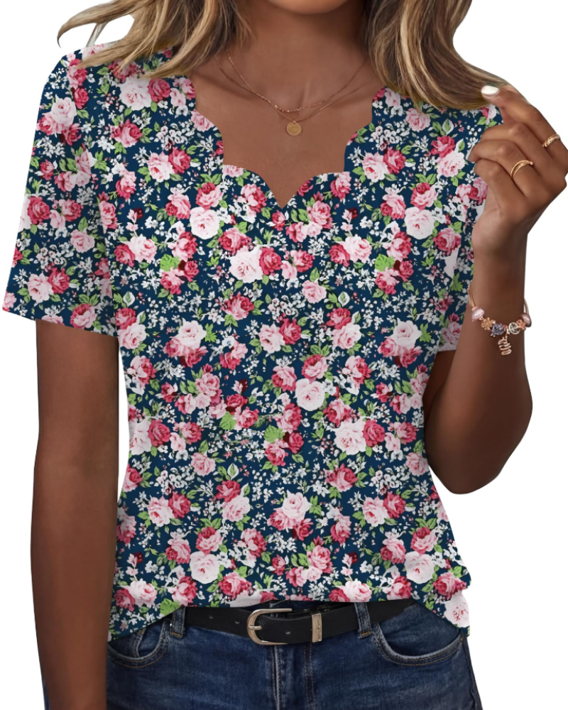 Ziva Top Femme – Blusa com Decote em V Ondulado, Corte Fluido Elegante & Estilo Casual Chic