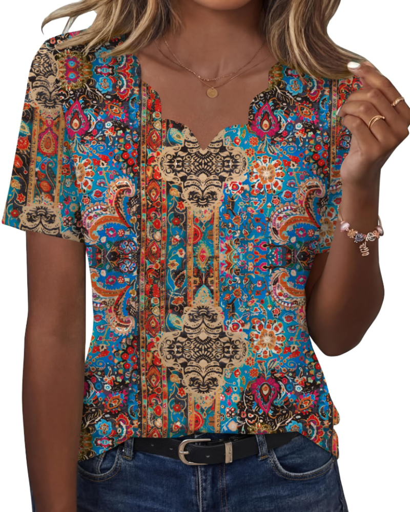 Ziva Top Femme – Blusa com Decote em V Ondulado, Corte Fluido Elegante & Estilo Casual Chic