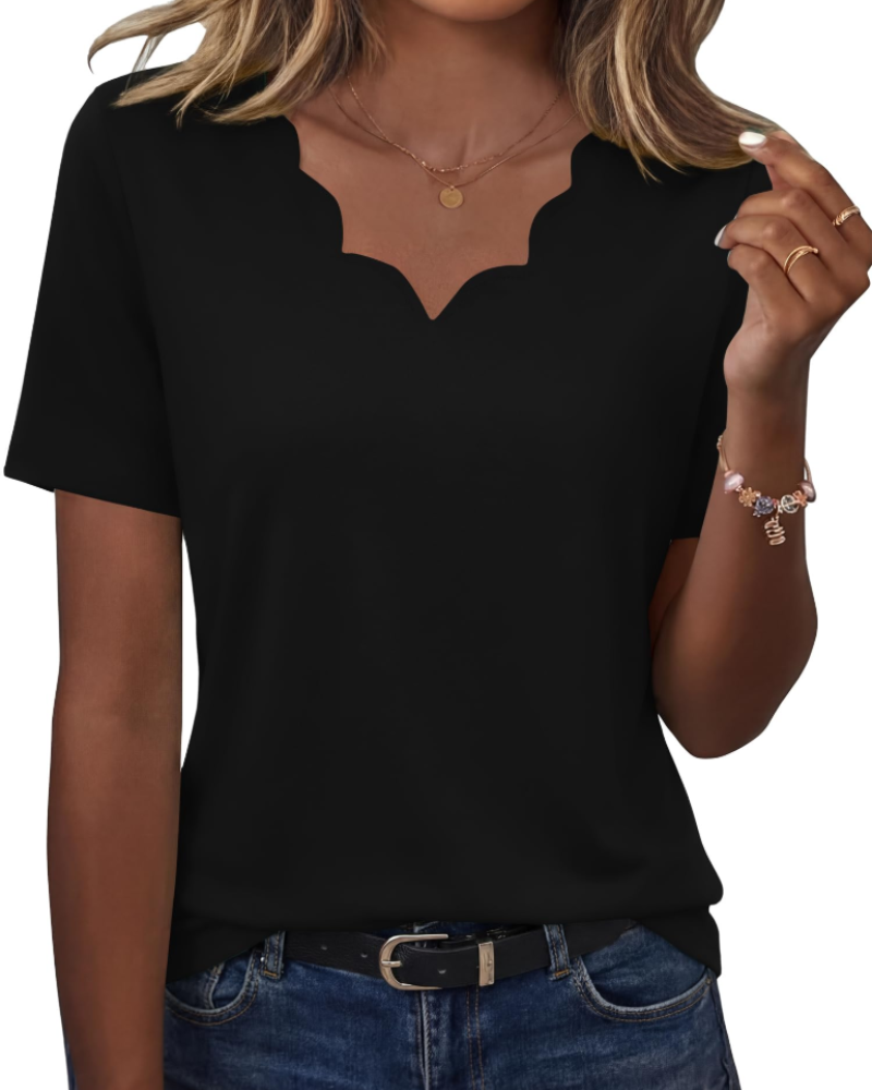 Ziva Top Femme – Blusa com Decote em V Ondulado, Corte Fluido Elegante & Estilo Casual Chic
