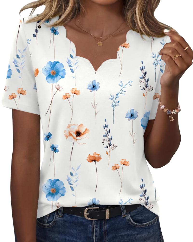Ziva Top Femme – Blusa com Decote em V Ondulado, Corte Fluido Elegante & Estilo Casual Chic