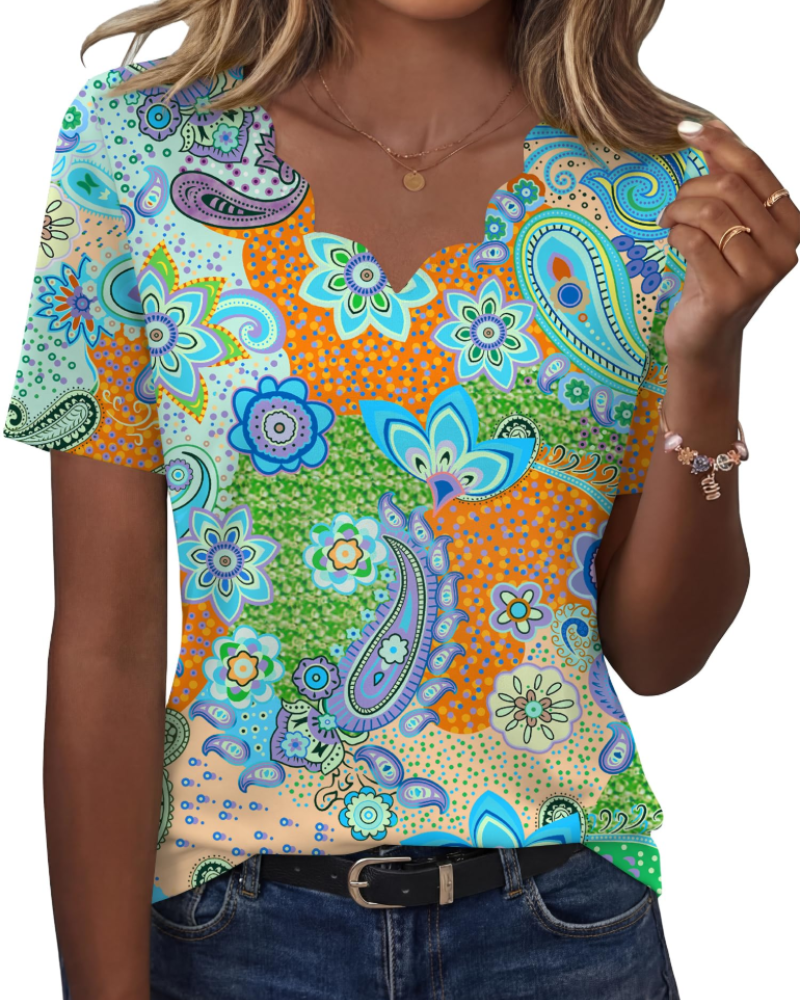 Ziva Top Femme – Blusa com Decote em V Ondulado, Corte Fluido Elegante & Estilo Casual Chic
