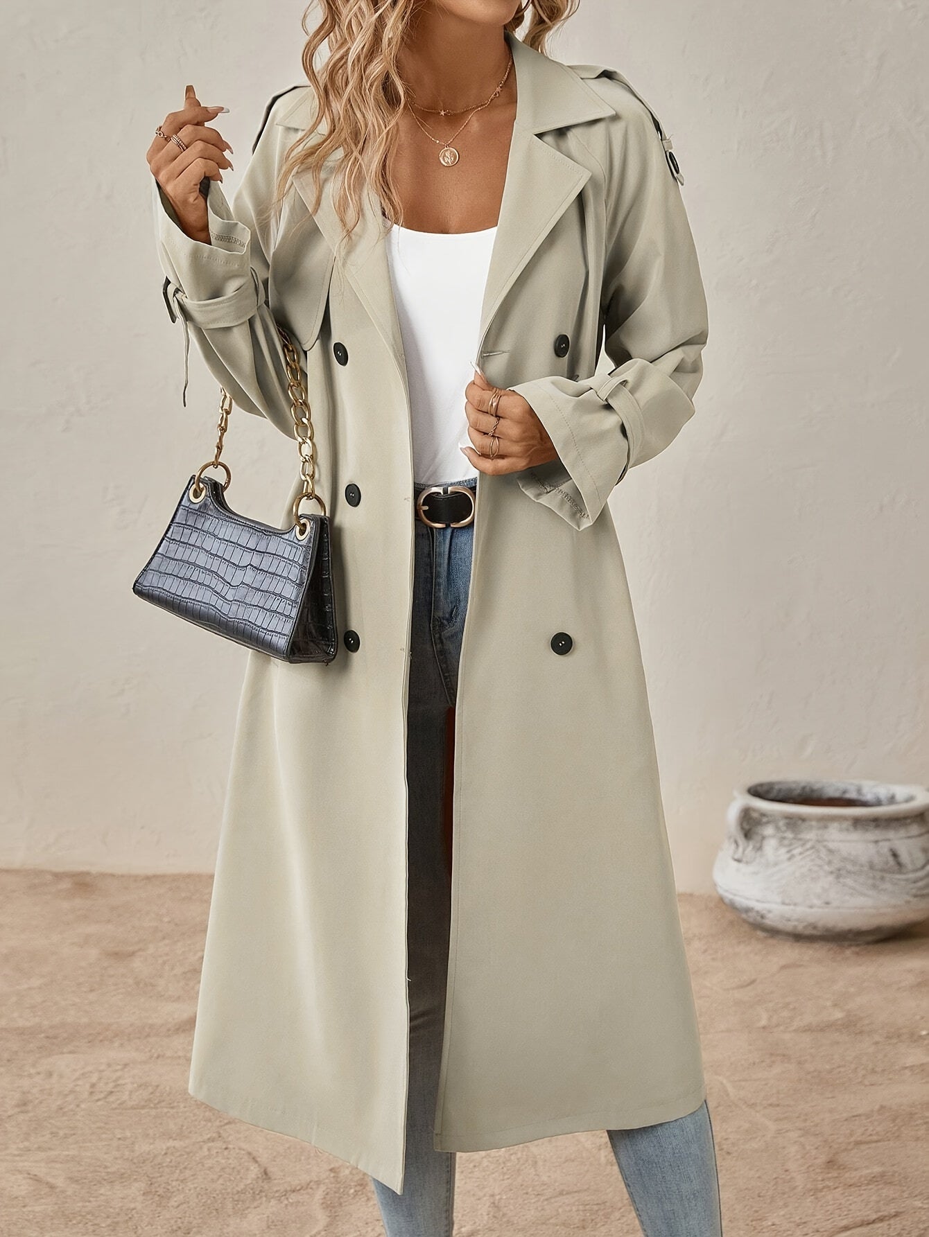 Eshita Trench pour femme – Elegant lang frakke i bomuldsblanding med struktureret pasform og knaplukning