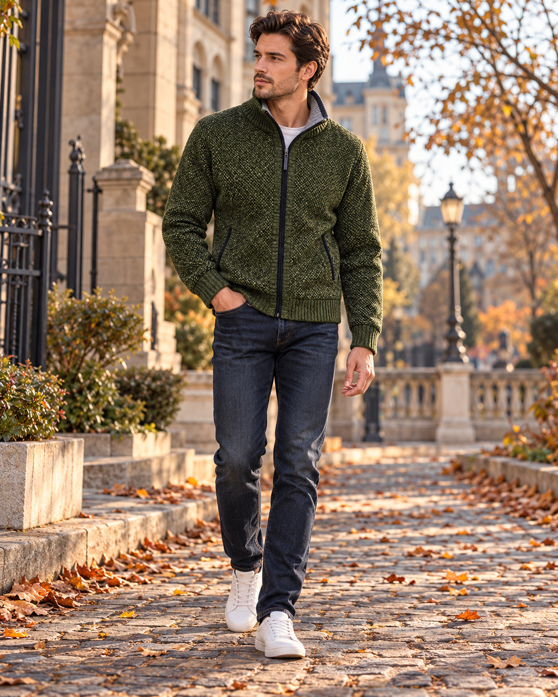 Gian Cardigan Homme Zippé en Maille - Doublure Écossaise, Col Montant et Poches Avant