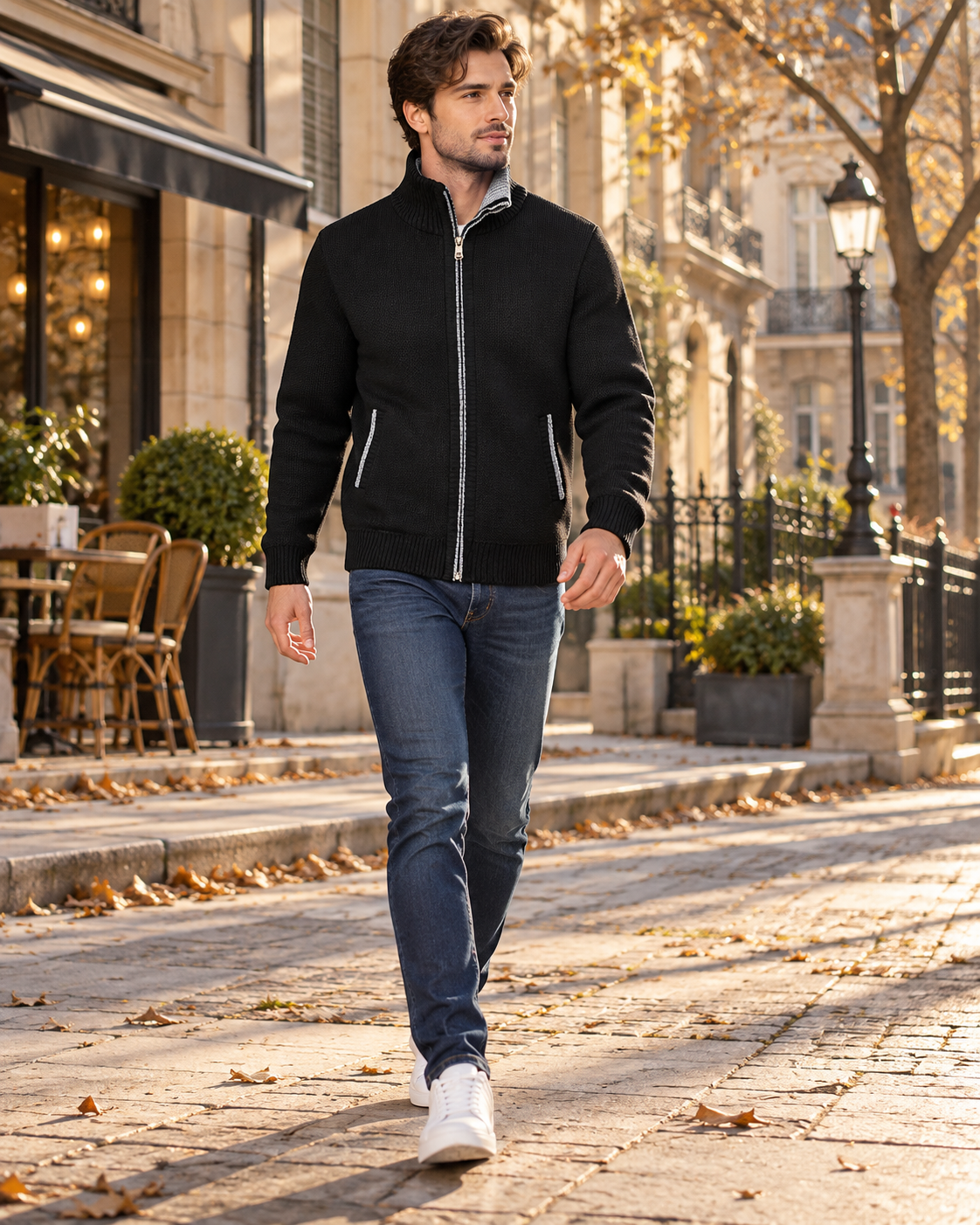 Gian Cardigan Homme Zippé en Maille - Doublure Écossaise, Col Montant et Poches Avant
