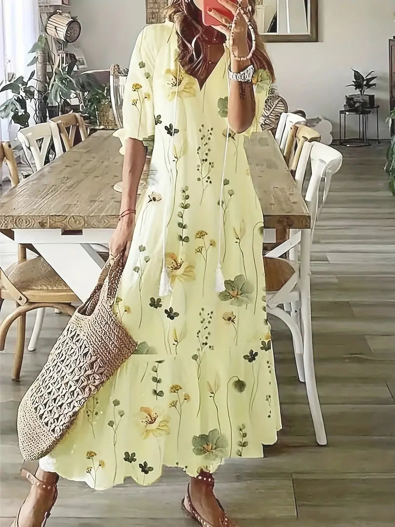 Urocza sukienka w stylu boho dla kobiet – elegancka letnia sukienka z falbankami, dekoltem w serek i wzorem ikat