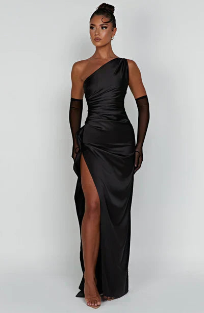 Alisha Evening Dress Woman – Asymmetric Dress in Luxury Satin with High Slit & Elegant Cut
