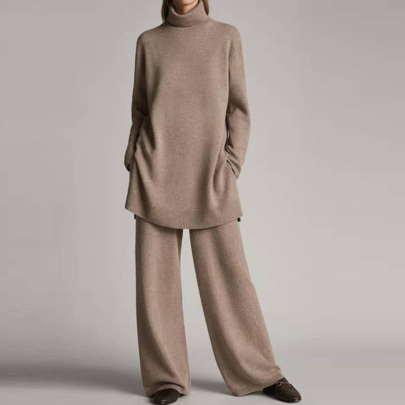Emora Knit Set Women – Soft Turtleneck & Wide Leg Pants with Relaxed Fit