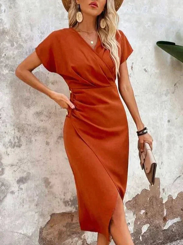 Adeline Dress Woman – Elegant Draped Dress with V-neck, Short Sleeves & Subtle Slit