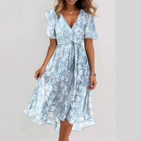 Emily Robe Midi Femme – Lehká šifónová šaty s květinovým potiskem, výstřihem do V a vypasovaným pasem