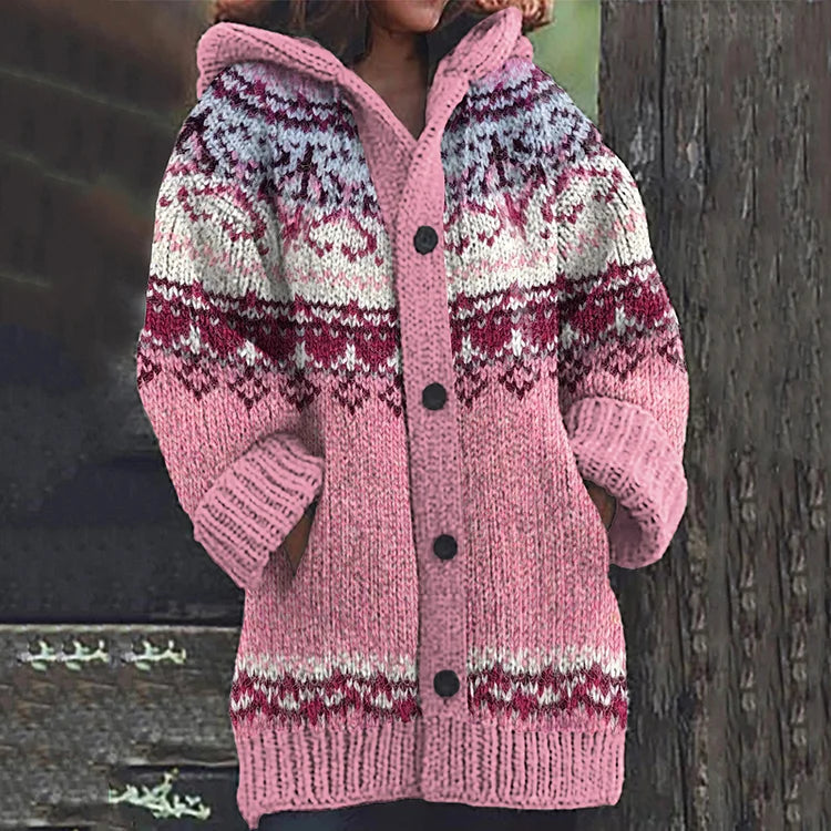 Azlea Gilet à Kapuze Damen – Mehrfarbiges geometrisches Muster & Frontknöpfe