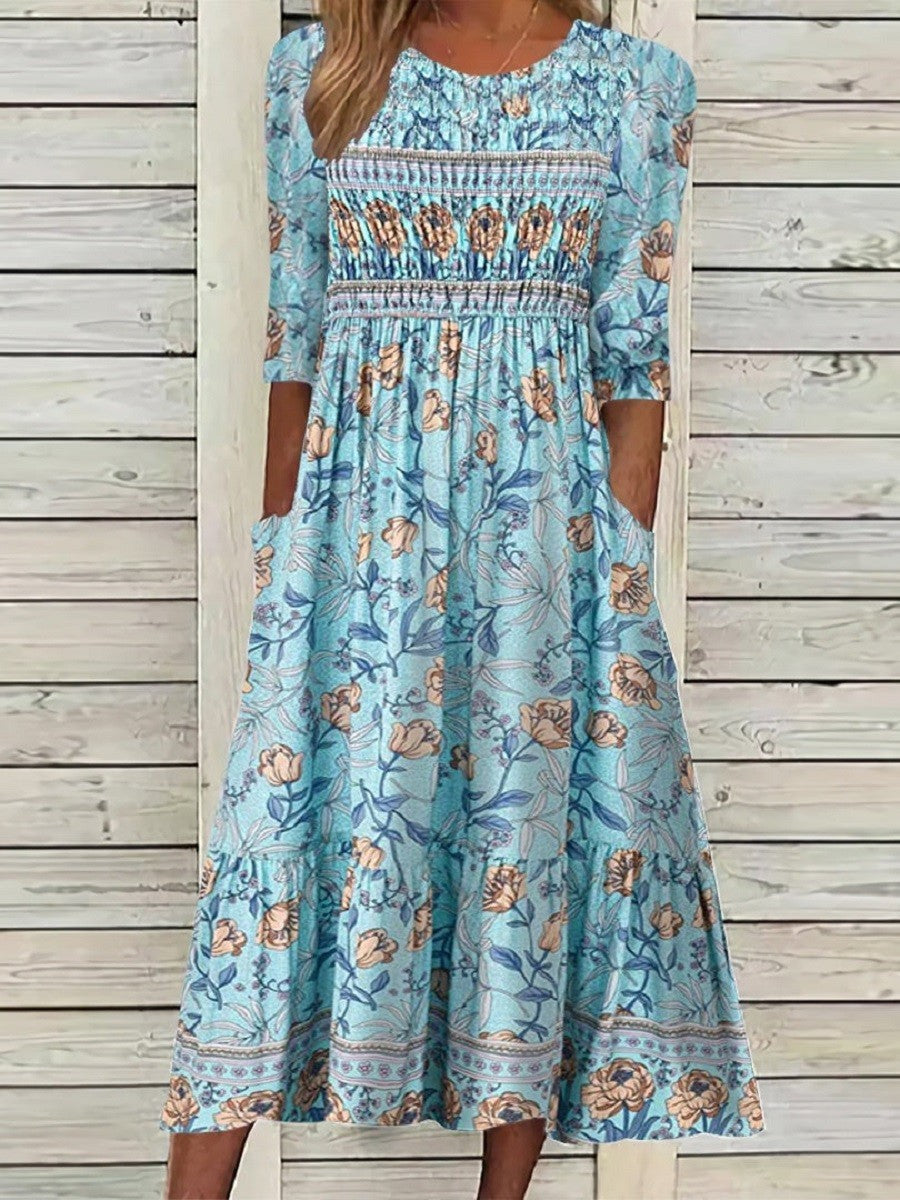 Freya Robe Midi Femme – Imprimé Fleurs Graphiques & Coupe Élégante et Confortable