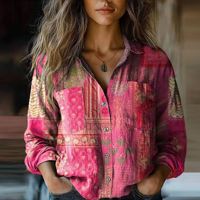 Blusa Mira Vintage Femme – Blusa Aérée con Estampado Étnico, Cuello con Solapa y Mangas Largas