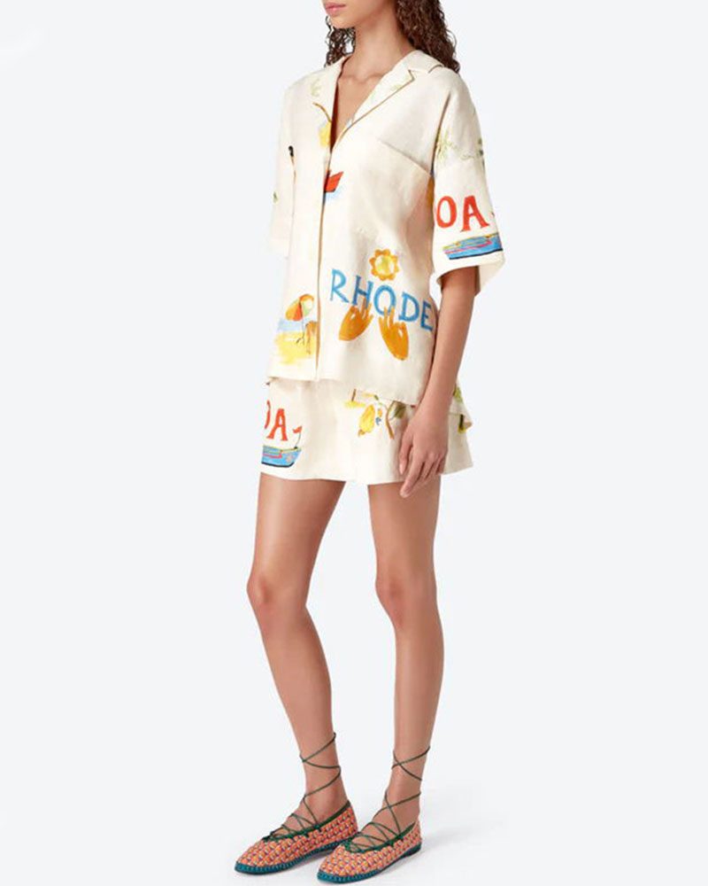 Conjunto Stella em Linho Mulher – Coordenação Estival com Estampa Tropical, Camisa Leve & Calção Confortável
