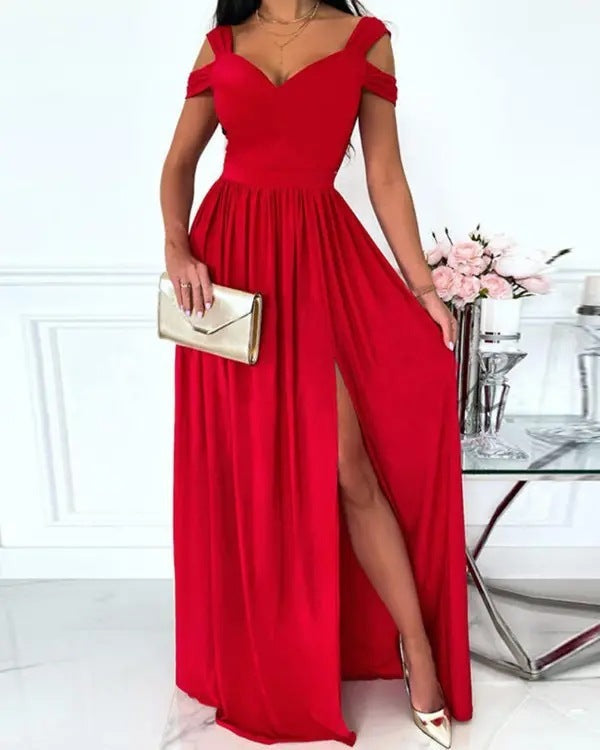 Abito lungo elegante da donna Antonella - Abito con stampa floreale e spalle scoperte e spacco chic