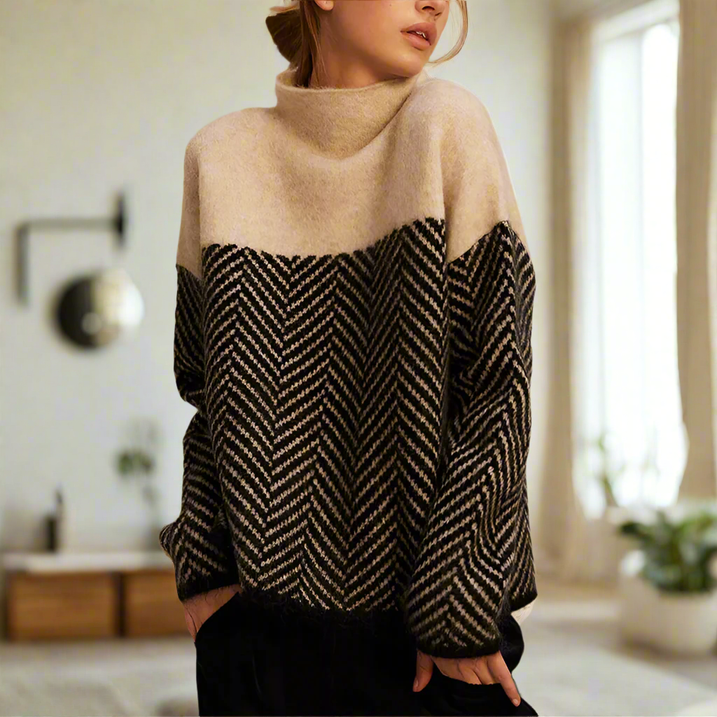 Stella Femme Pull Col Roulé – Pull Chaud à Motif Chevron Élégant & Confortable pour Hiver
