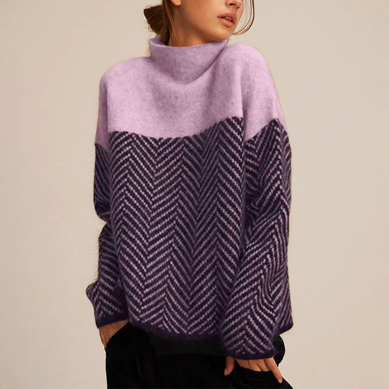 Arla Pull à Col Roulé pour Femme – Pull en Cachemire Chaud avec Coupe Ample et Motif Chevron Tendance