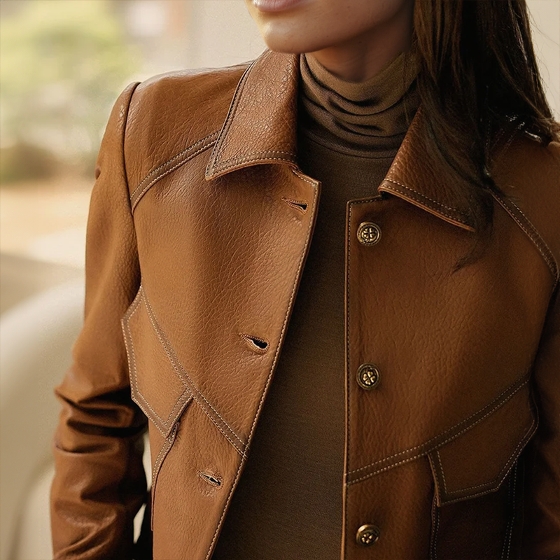 Anita Veste Feminina em Pele – Elegante, Suave e Sofisticada com Gola Distinta e Bolsos