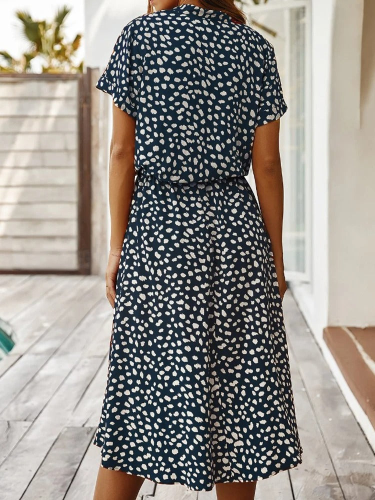 Ulvienne Sommerkjole for kvinner – Midi-kjole med korte ermer, belte i midjen og trendy trykk