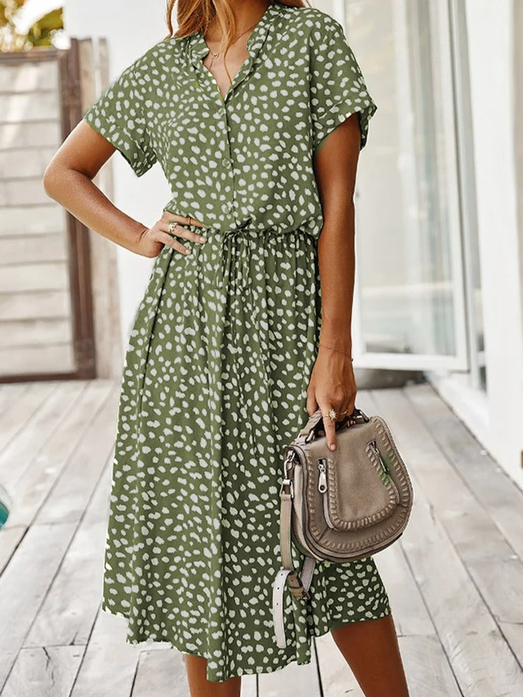 Ulvienne Sommerkjole for kvinner – Midi-kjole med korte ermer, belte i midjen og trendy trykk