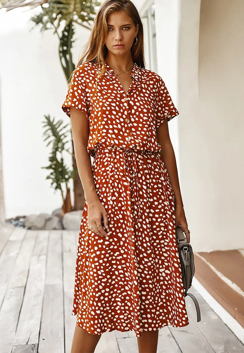 Ulvienne Sommerkjole for kvinner – Midi-kjole med korte ermer, belte i midjen og trendy trykk