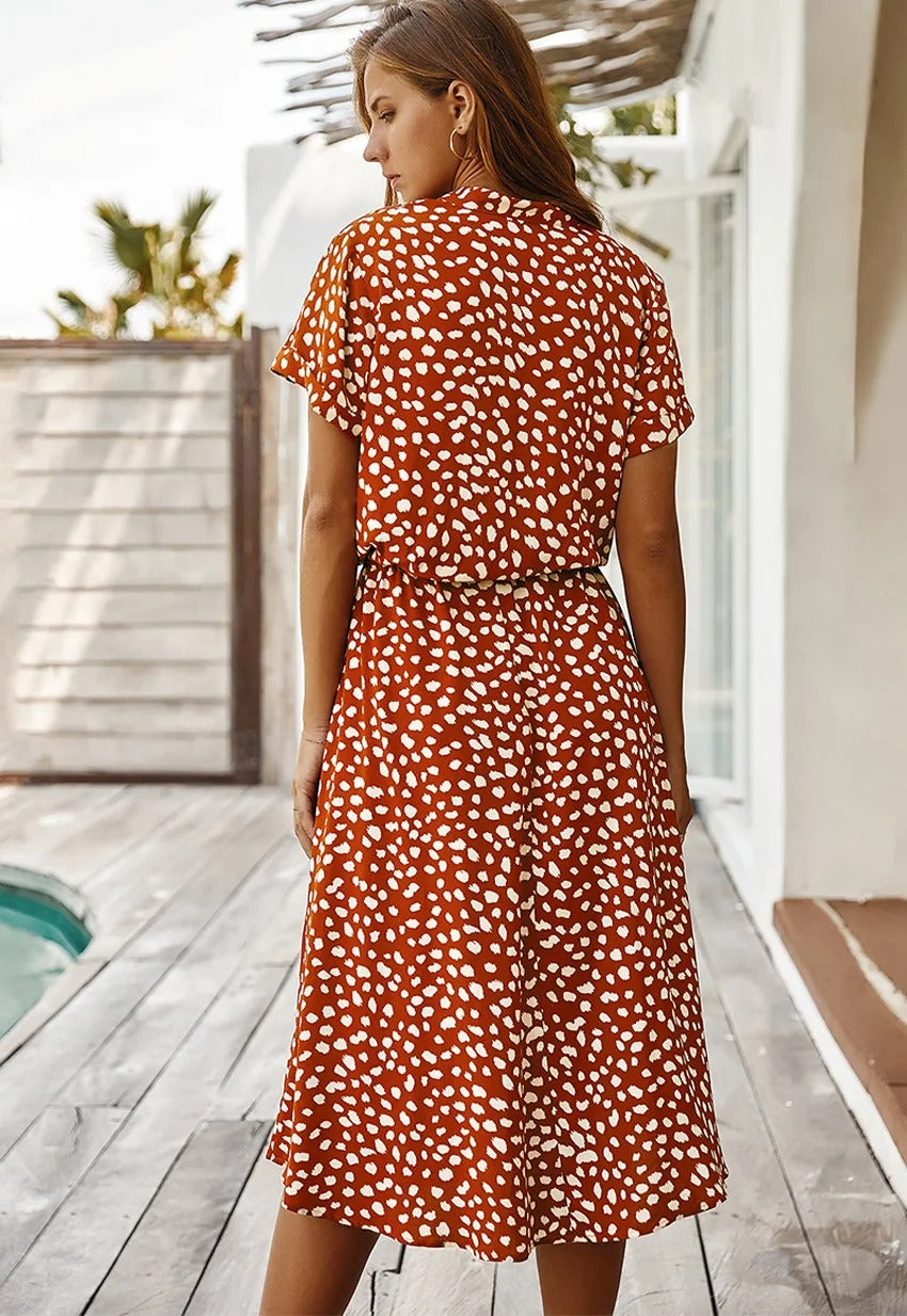 Ulvienne Sommerkjole for kvinner – Midi-kjole med korte ermer, belte i midjen og trendy trykk