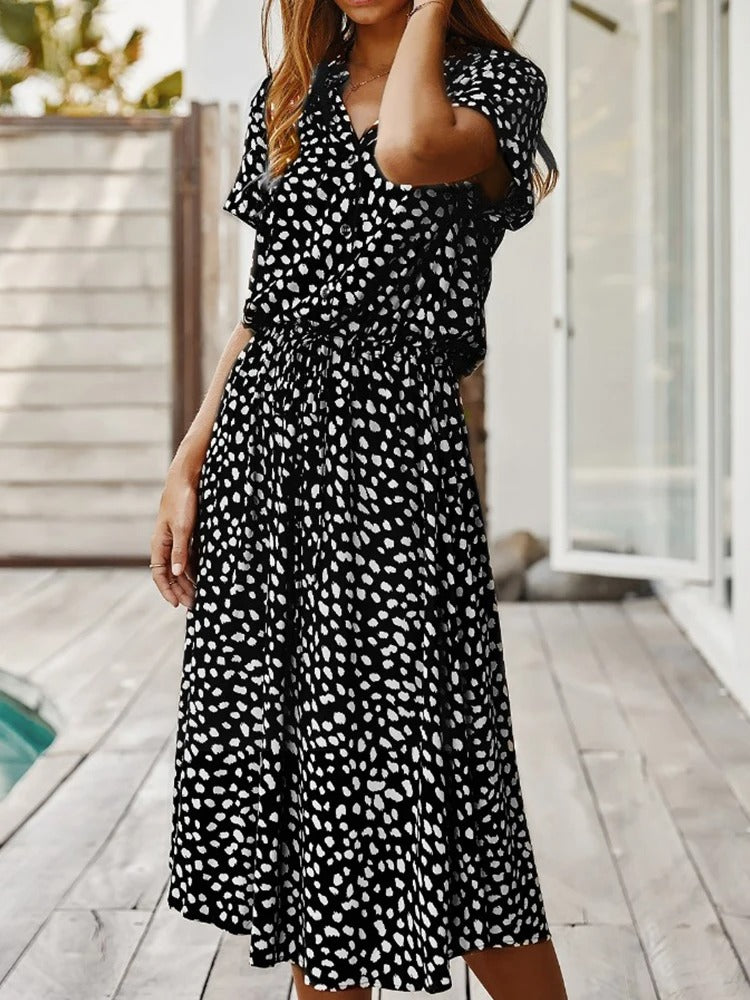 Ulvienne Sommerkjole for kvinner – Midi-kjole med korte ermer, belte i midjen og trendy trykk