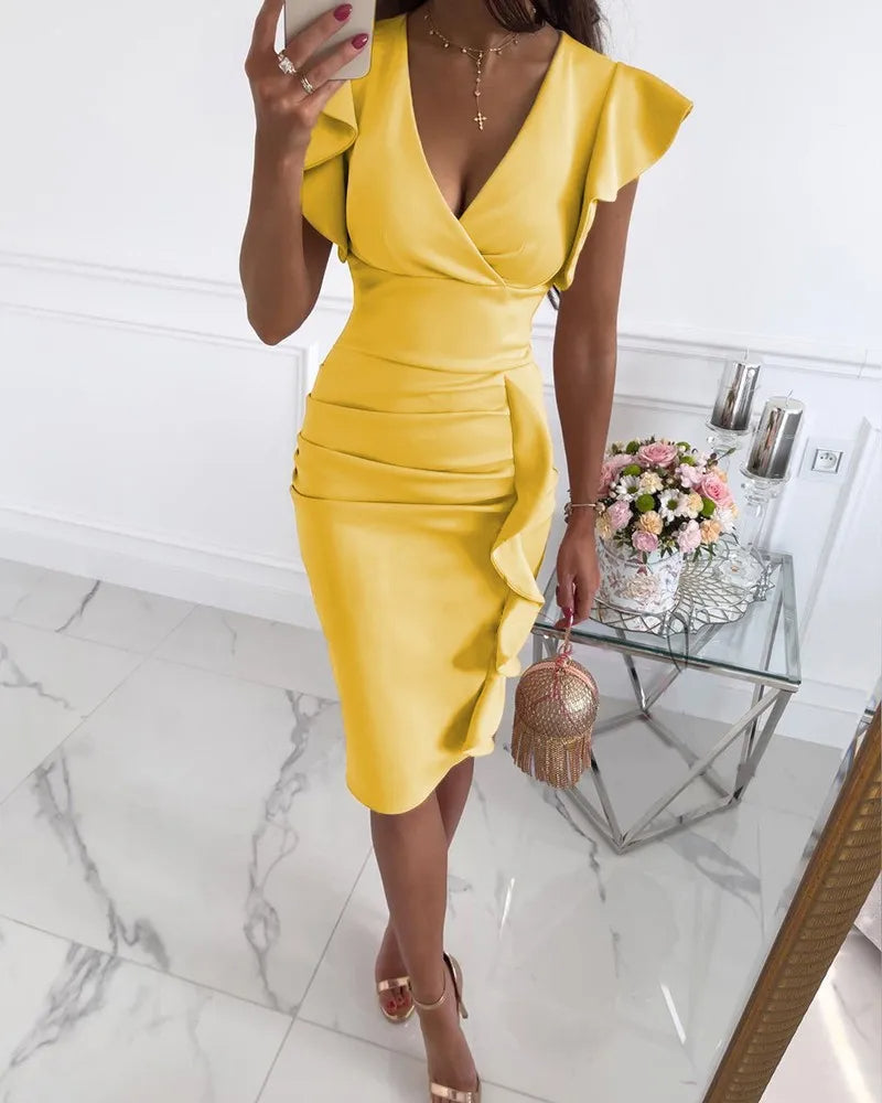 Vestido Mujer Elize Bodycon – Elegante Vestido Ajustado con Mangas Mariposa y Volantes