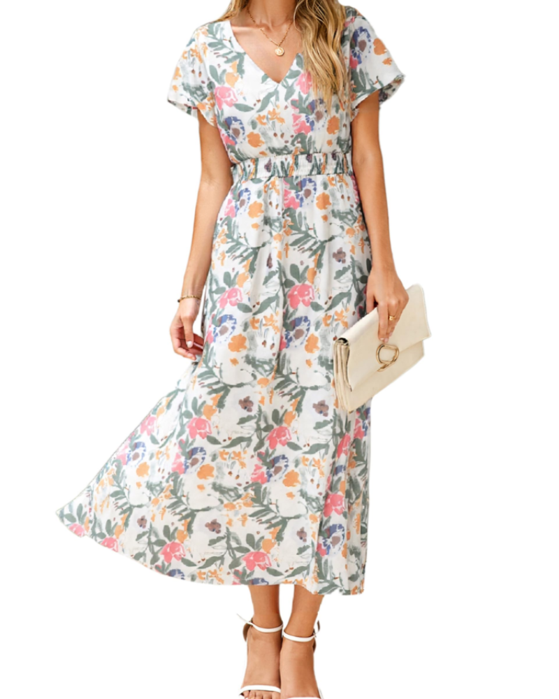 Éléonore Robe Fleurie Femme – Robe Maxi Bohème en Mousseline Col V Manches Courtes