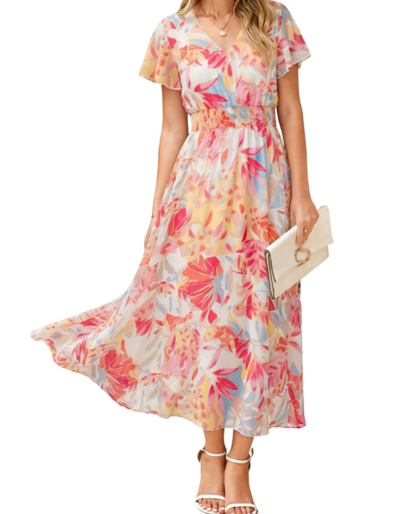 Éléonore Robe Fleurie Femme – Robe Maxi Bohème en Mousseline Col V Manches Courtes