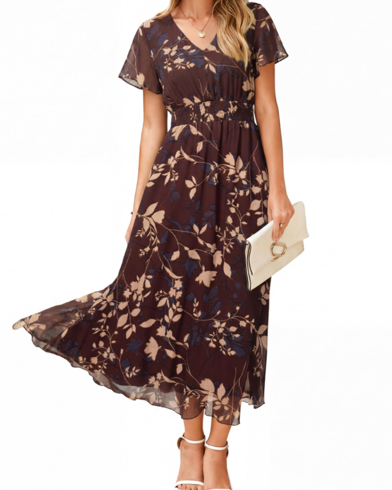 Éléonore Robe Fleurie Femme – Robe Maxi Bohème en Mousseline Col V Manches Courtes