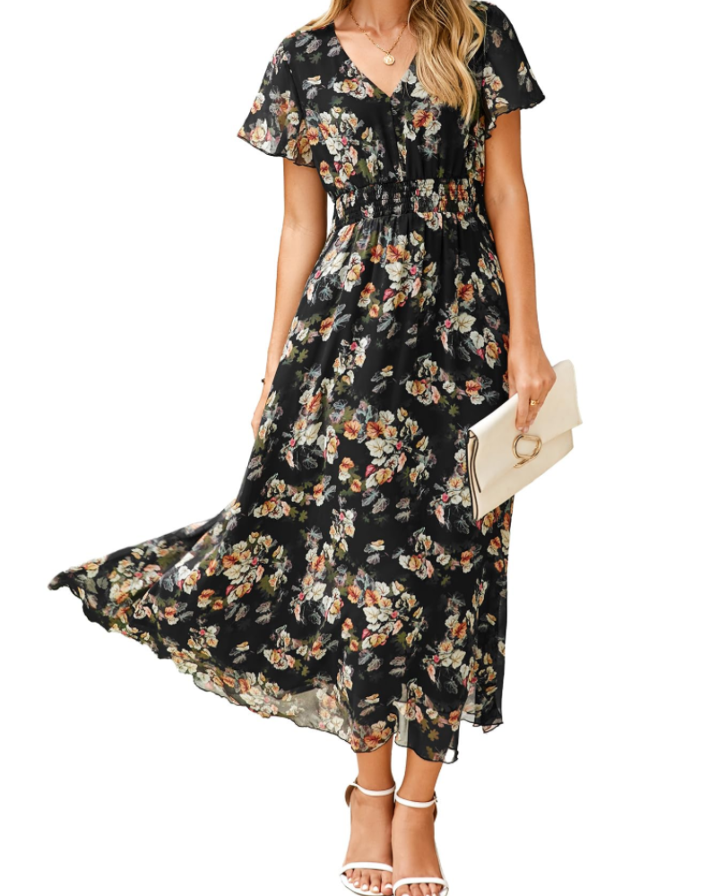 Éléonore Robe Fleurie Femme – Robe Maxi Bohème en Mousseline Col V Manches Courtes