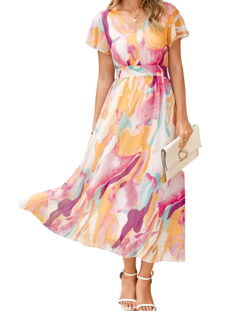 Éléonore Robe Fleurie Femme – Robe Maxi Bohème en Mousseline Col V Manches Courtes