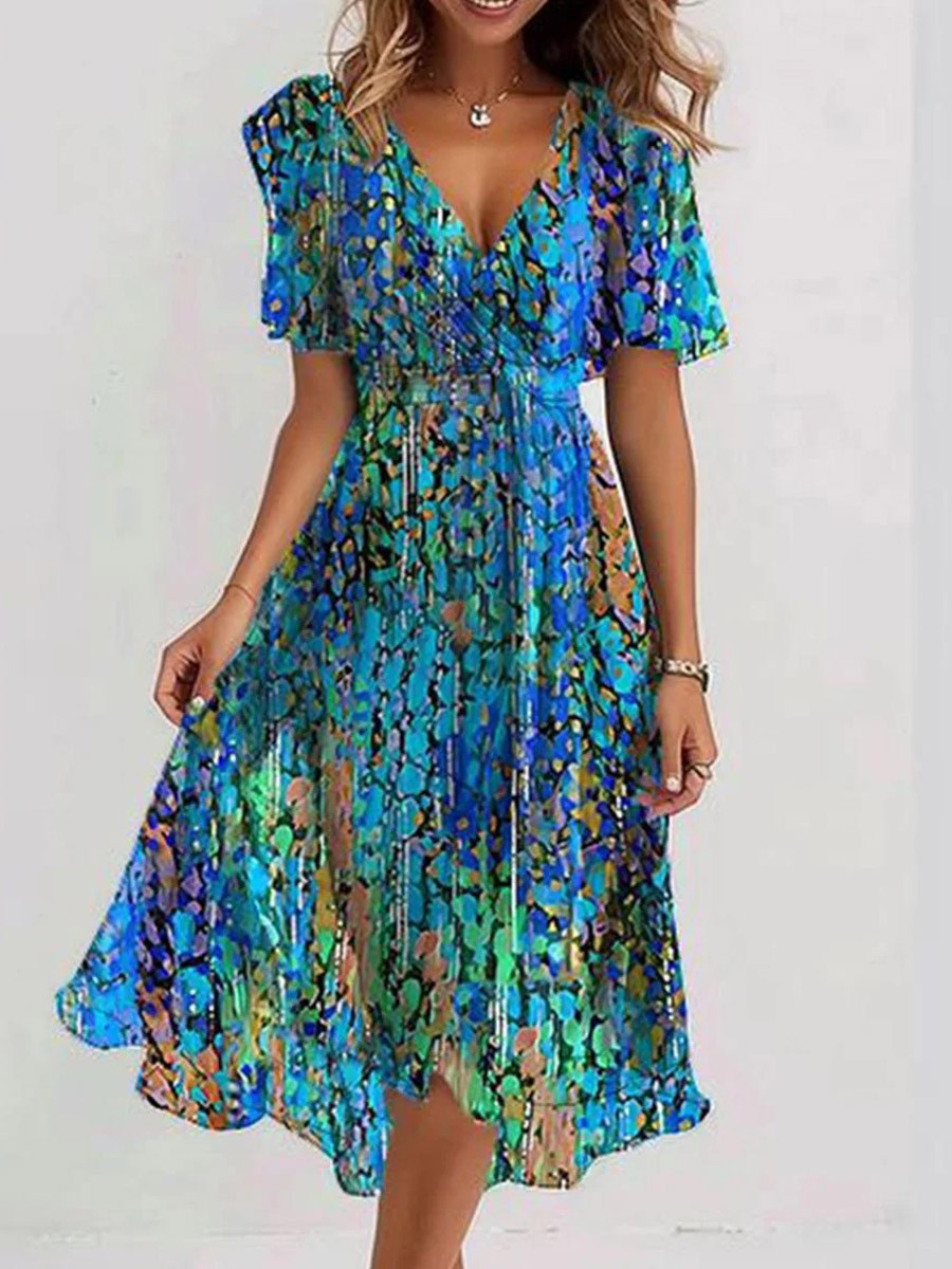 Kalea Robe Midi Femme – Modré šaty s krátkými rukávy, výstřihem do V a elegantním střihem