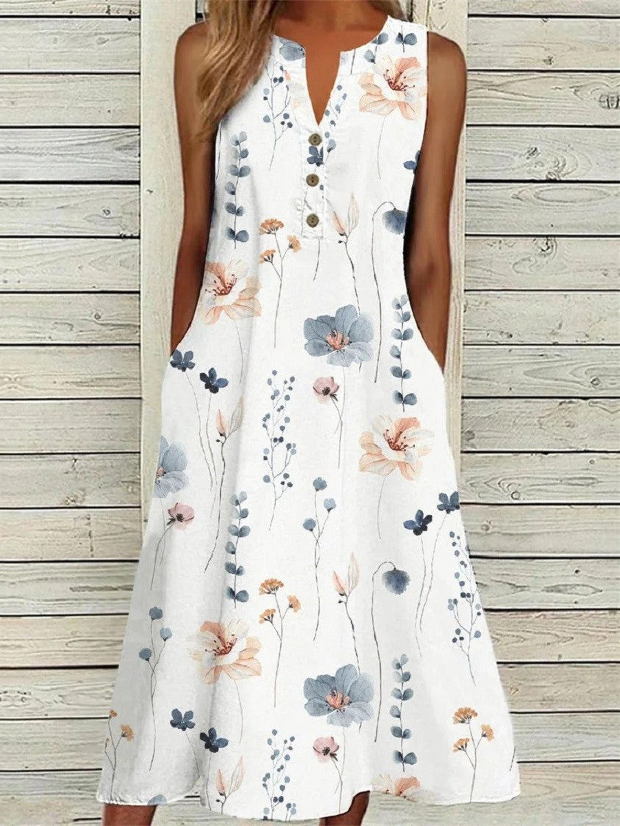 Dorothy Robe d'Été Femme – Imprimé Fleuri Blanc, Sans Manches, Col en V & Longueur Midi Décontractée