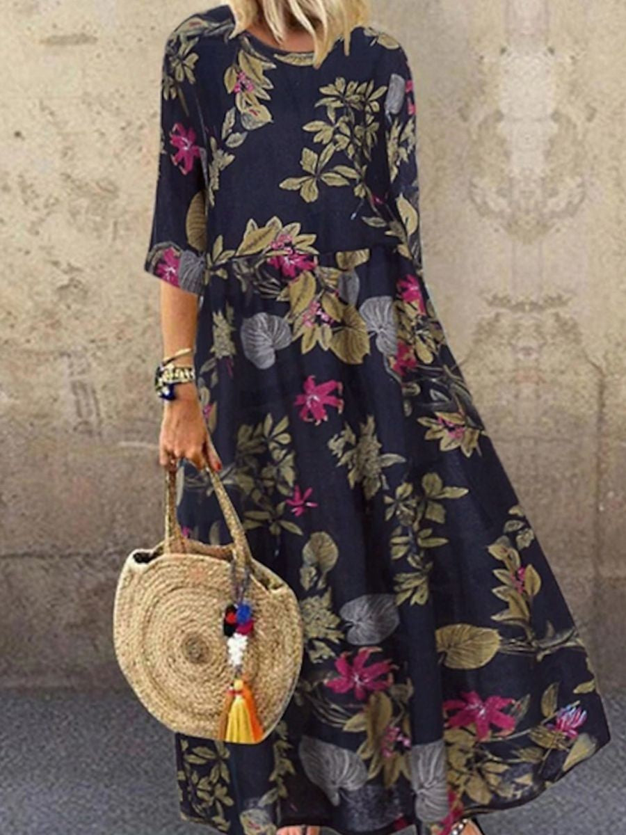 Luna Robe Midi Femme – Imprimat Floral Albastru Marin, Guler Rotund & Mâneci Trei Sferturi