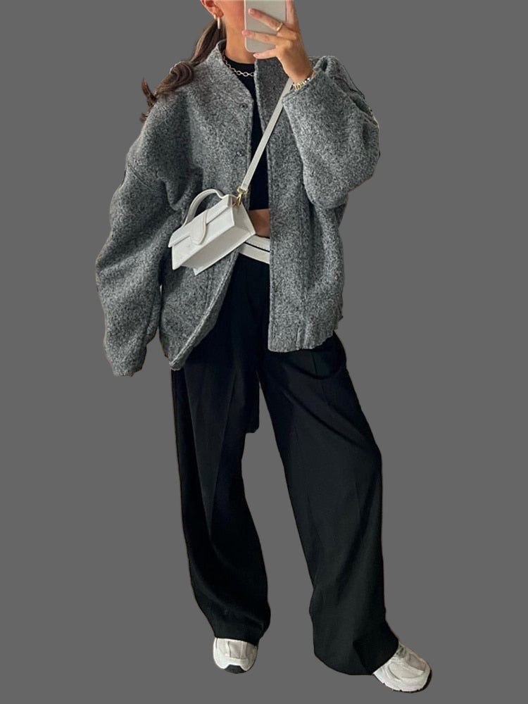 Mylah Blouson Bomber Bouclé Femme – Design texturat oversize cu închidere discretă