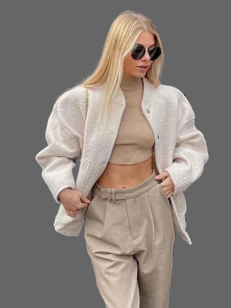 Mylah Blouson Bomber Bouclé Femme – Design texturat oversize cu închidere discretă