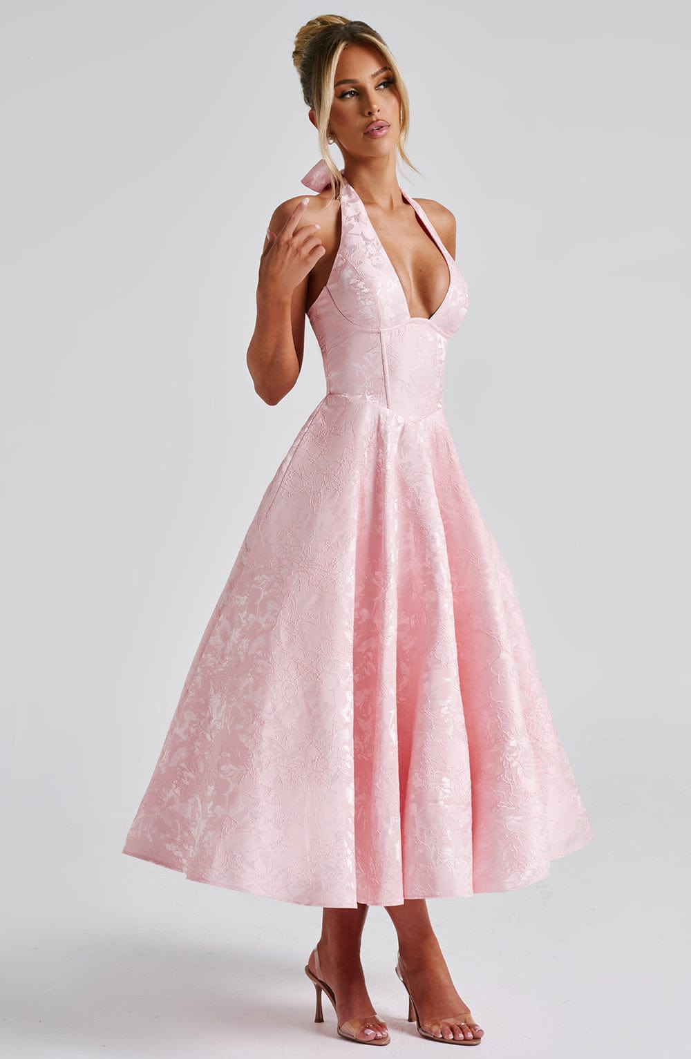 Iris Robe Midi Femme – Robe Dos Nu en Jacquard Floral avec Corsage Ajusté & Jupe Évasée